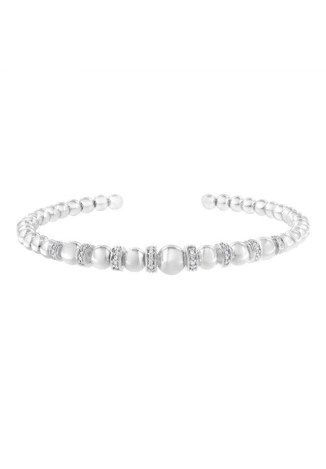 Sterling Silver 1/4 Cttw Diamond Rondelle Graduated Ball Bead Cuff Bangle Bracelet, WHITE, hi-res image number null