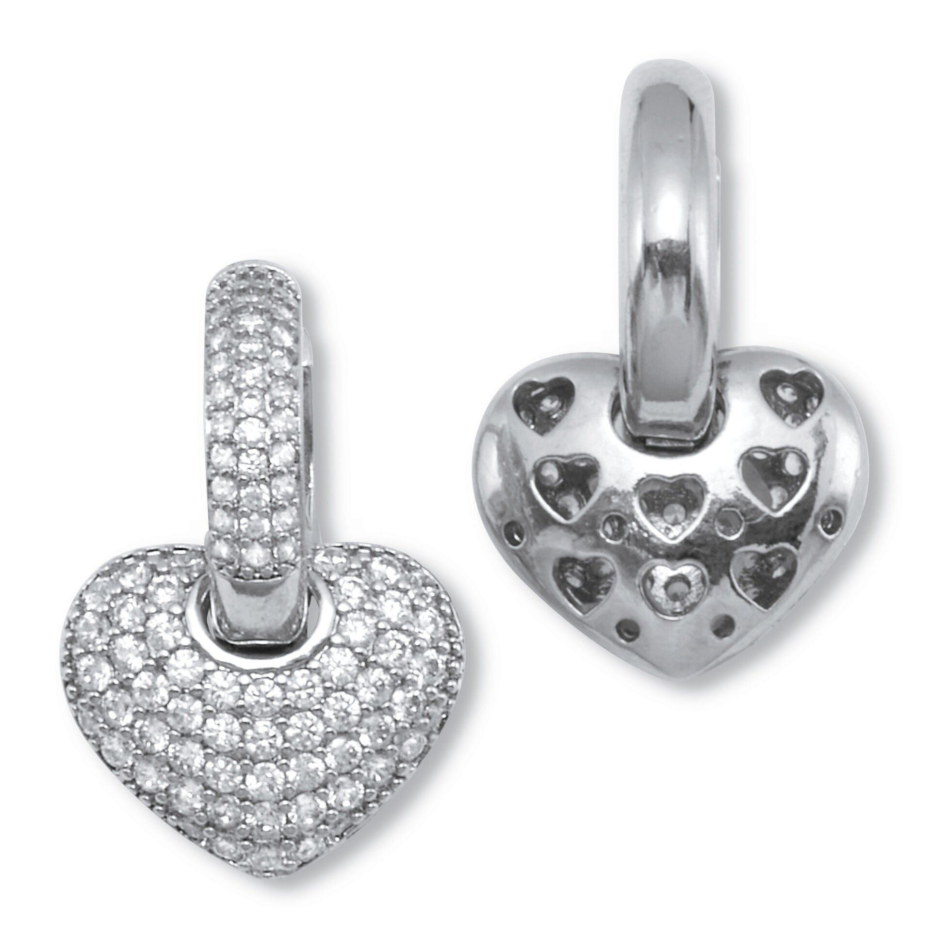White Crystal Silvertone Heart Hoop Earrings (24x16mm), SILVER, on-hover image number 1