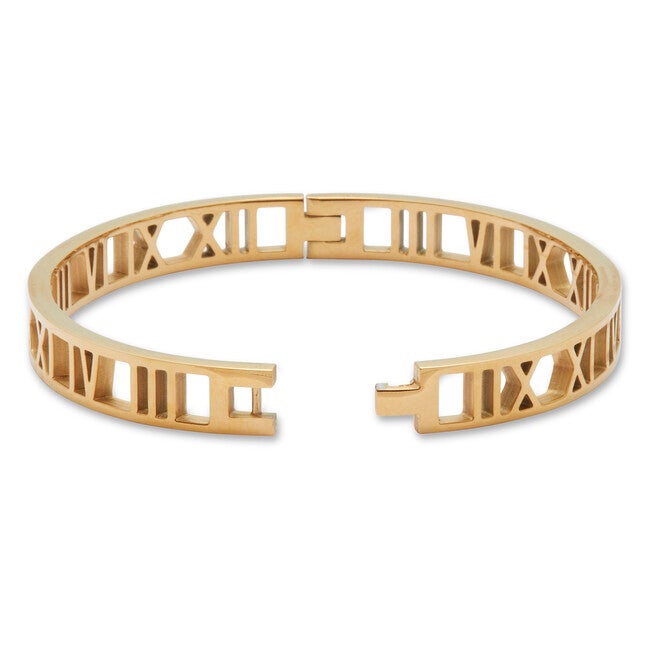 Roman Numeral Gold Ion-Plated Stainless Steel Bangle Bracelet, YELLOW, on-hover image number 1