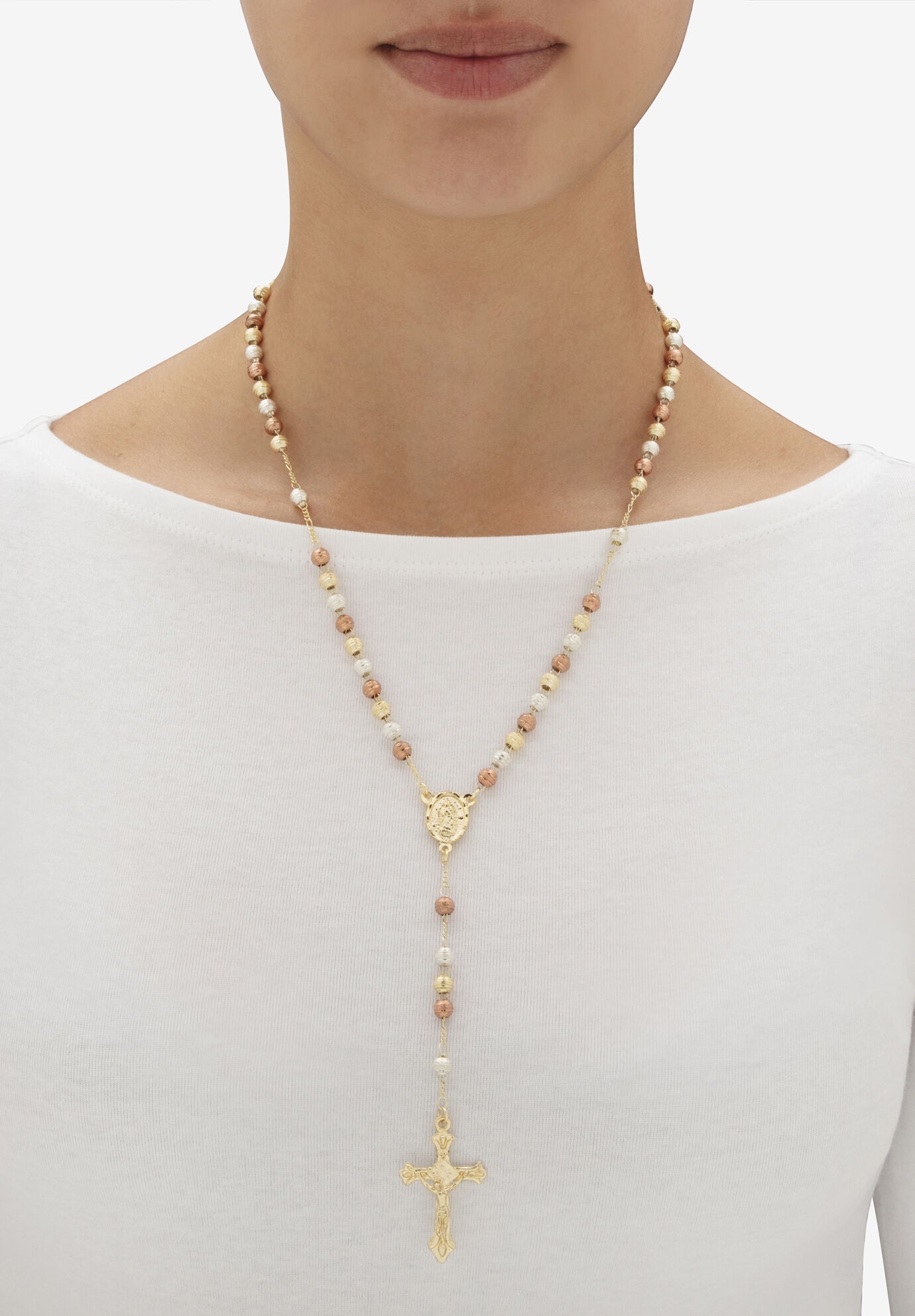 Tri Tone Goldtone Beaded Rosary Style Necklace (5Mm), 20 Inches Jewelry, , alternate image number 2