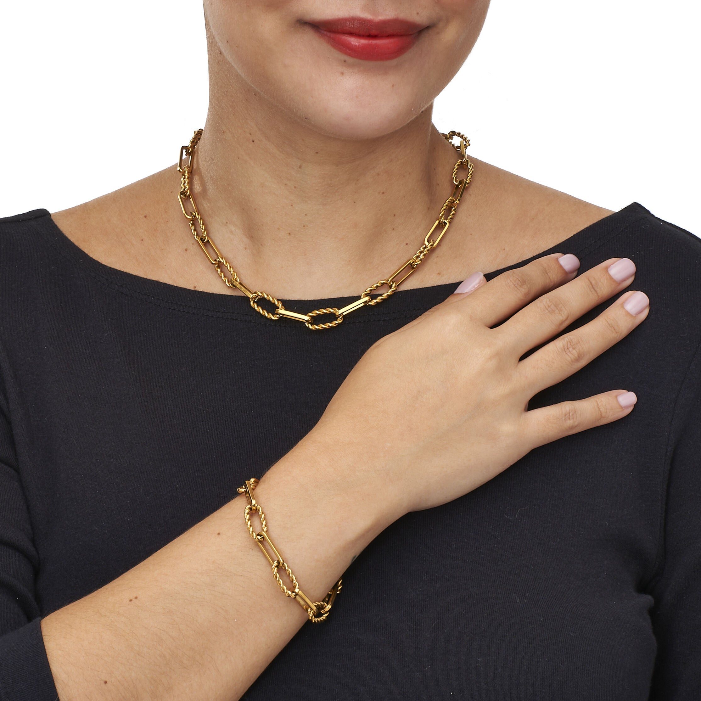 Necklace and Bracelet Gold Ion-Plated Stainless Steel Chain Jewelry Set, YELLOW, alternate image number 2