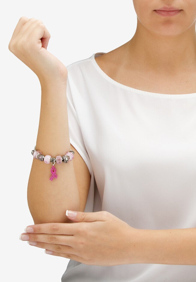 Silver Tone Breast Cancer Charm Bracelet (7Mm), 8 inches Plus 2 inches Extension Jewelry, , alternate image number 2