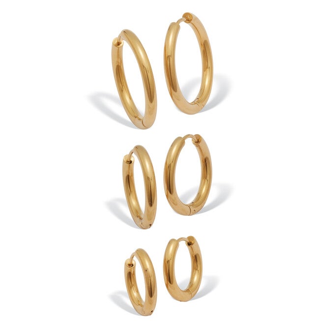 3-Pair Gold Ion-Plated Stainless Steel Hoops, 7/10-inch, 4/5-inch and 1-inch, YELLOW, hi-res image number null