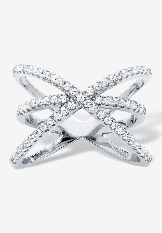 .57 Tcw Cubic Zirconia Sterling Silver Micro Pave Crossover Ring, SILVER, hi-res image number null