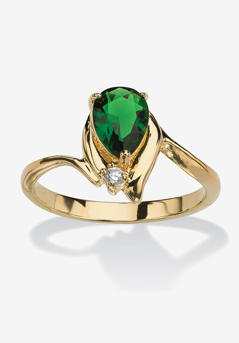 Yellow Gold Plated Simulated Birthstone And Round Crystal Ring Jewelry, EMERALD, hi-res image number null