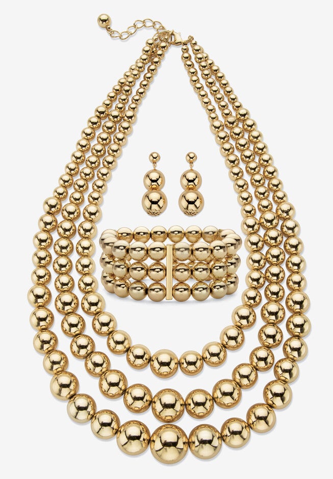 Gold Tone Graduated Bib 17 inches Necklace Set, GOLD, hi-res image number null