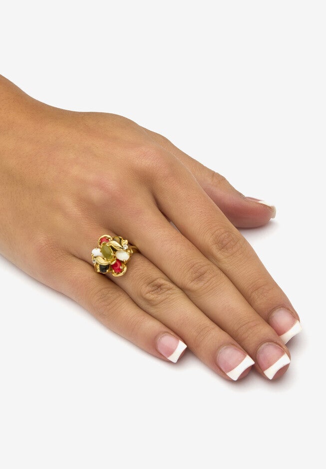 Coral, Opal, Jade, Onyx And Tiger'S-Eye Cluster Ring In Gold-Plated, , alternate image number null