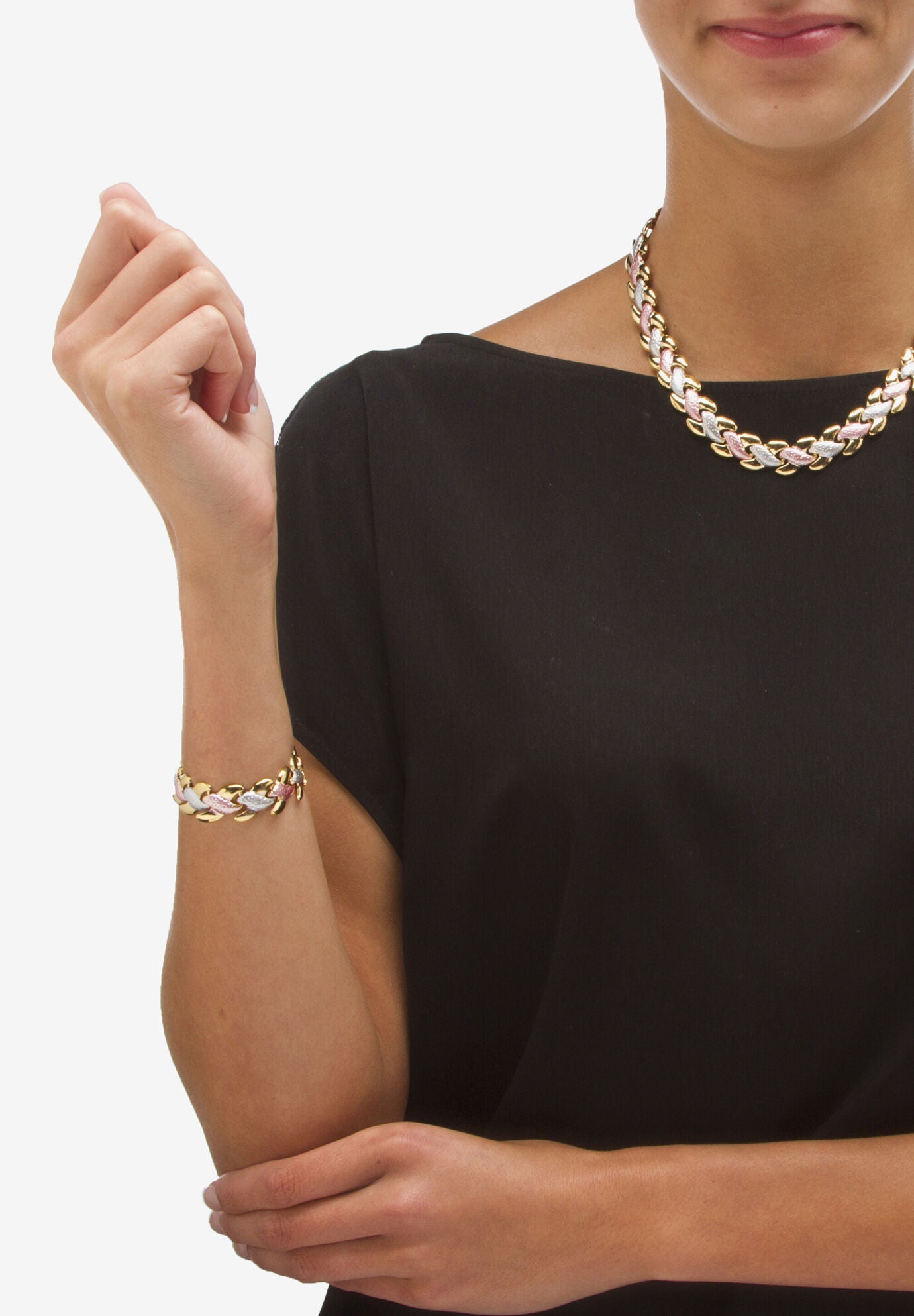 Tri Tone Goldtone Rosetone Silvertone Interlocking Link Necklace, Bracelet And Earring Set, 17 Inches Jewelry, , alternate image number 2