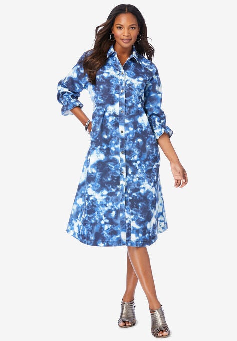 Button-Front Denim Shirtdress, NAVY ACID TIE DYE, hi-res image number null