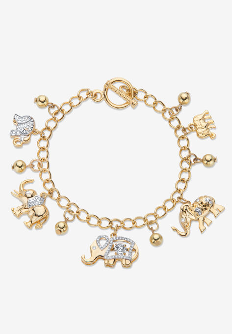 Gold Tone Round Crystal Elephant Charm Bracelet, CRYSTAL, hi-res image number null