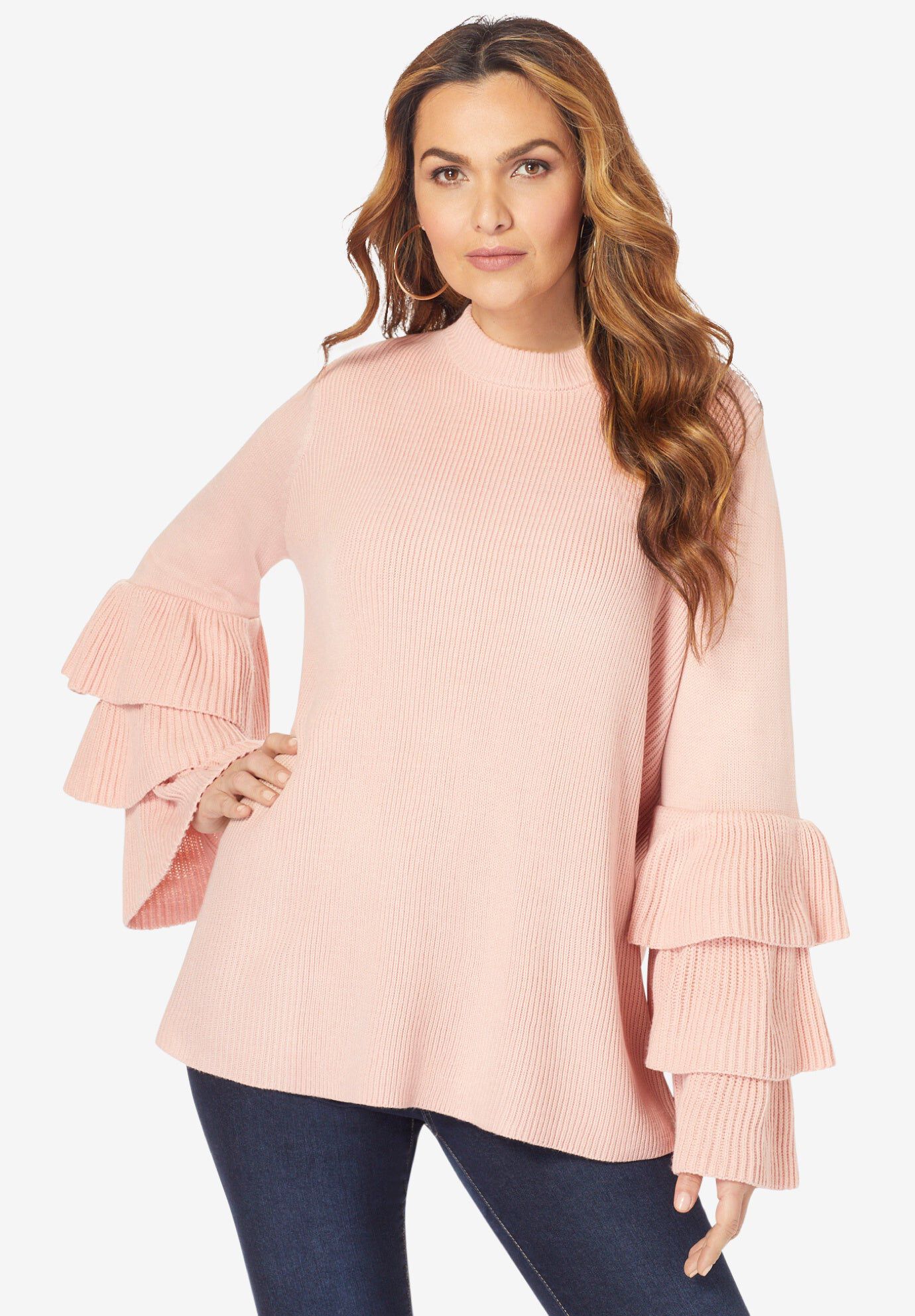 Tiered Sleeve Sweater, SOFT BLUSH, hi-res image number 0