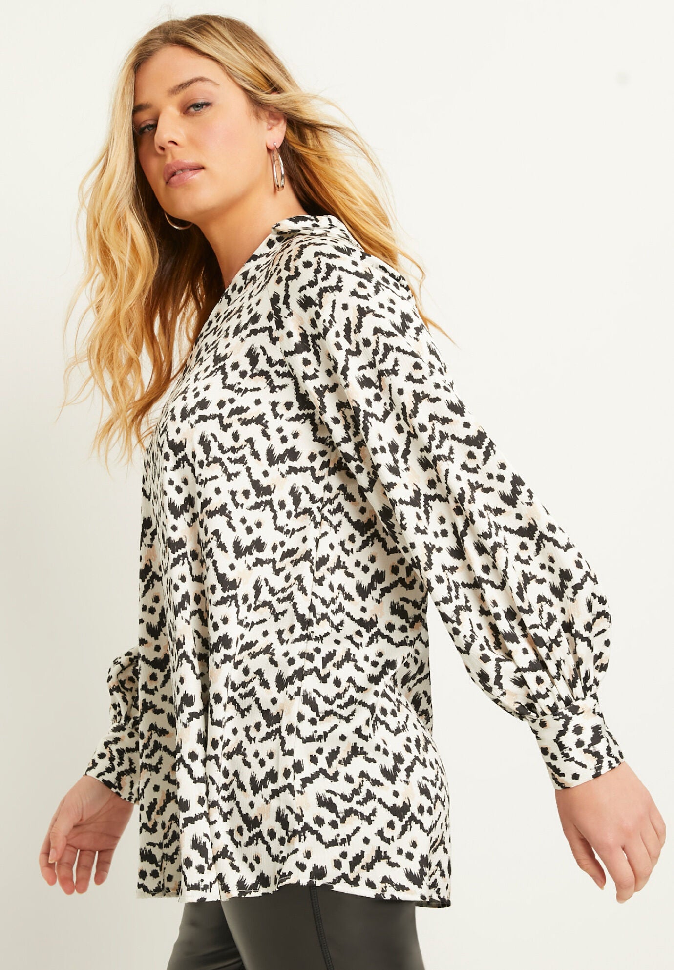 Puff-Sleeve Satin Blouse, , alternate image number 2