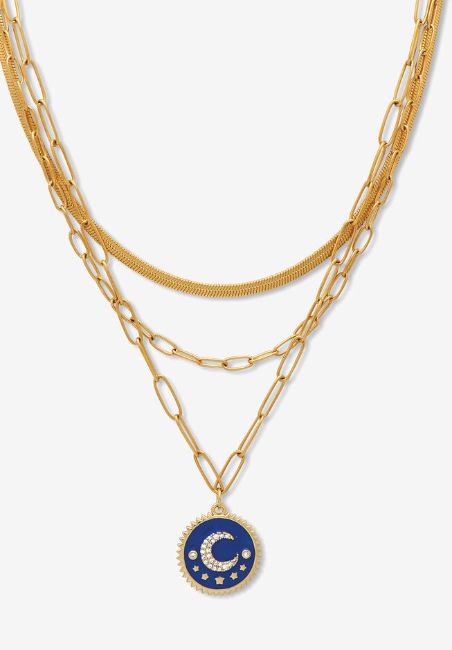 Yellow Gold Ion-Plated Stainless Steel 3-Strand Layered Necklace Set With Celestial Pendant, GOLD, hi-res image number null