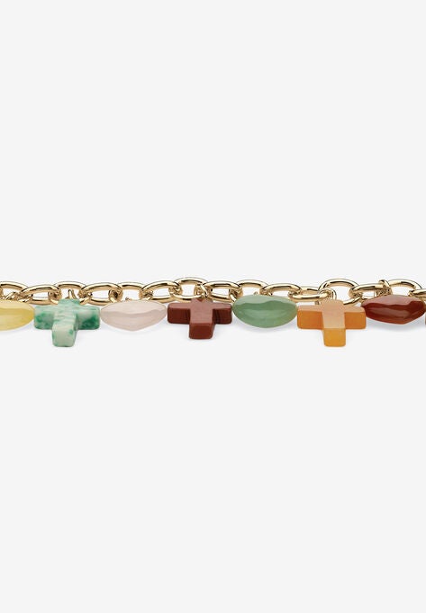 Genuine Agate Gold Tone Cross and Heart Charm Bracelet plus 1/2" Extender, , on-hover image number null