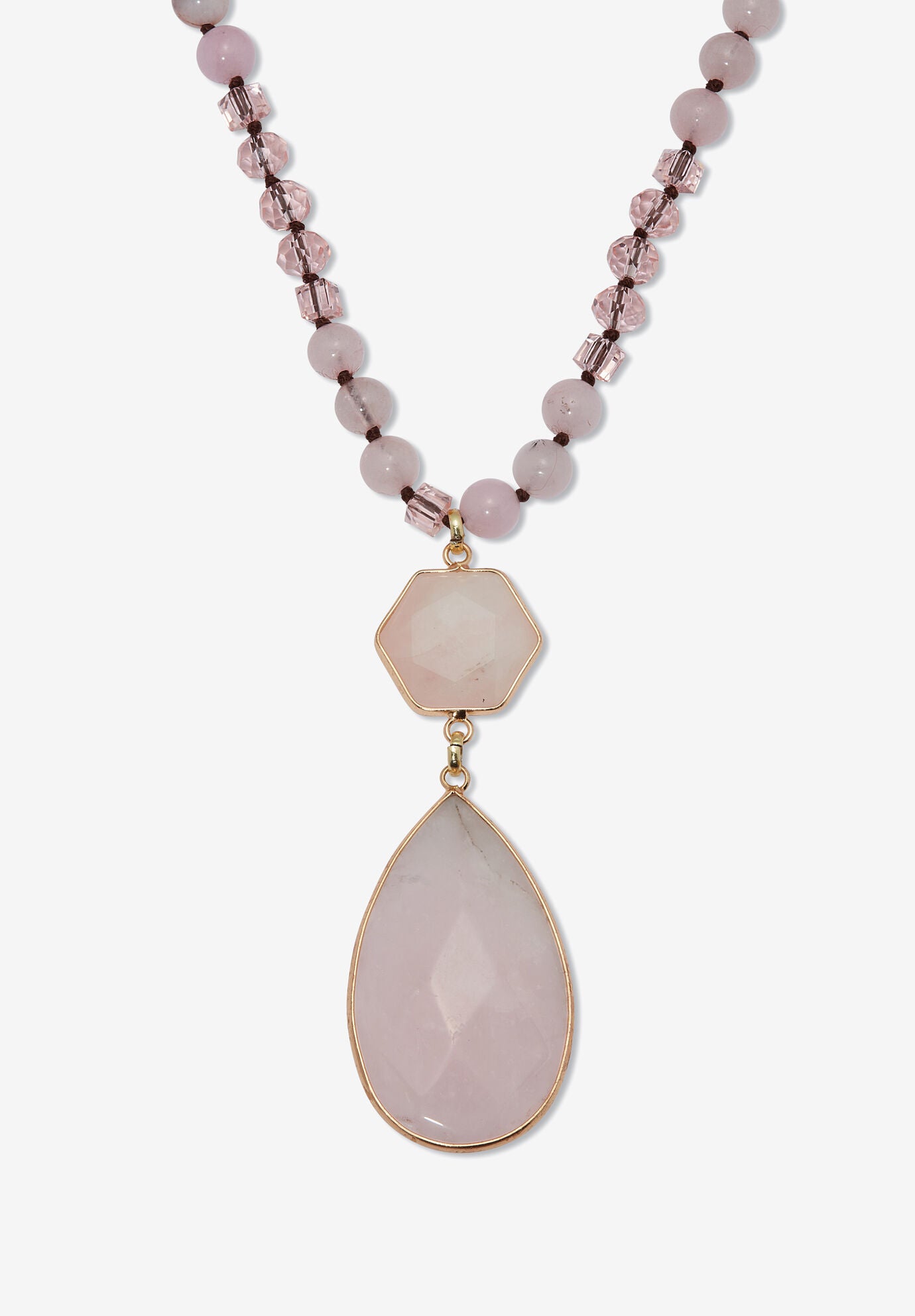 130.05 Tcw Genuine Rose Quartz Beaded Goldtone Drop Necklace 34-Inch, ROSE, hi-res image number 0