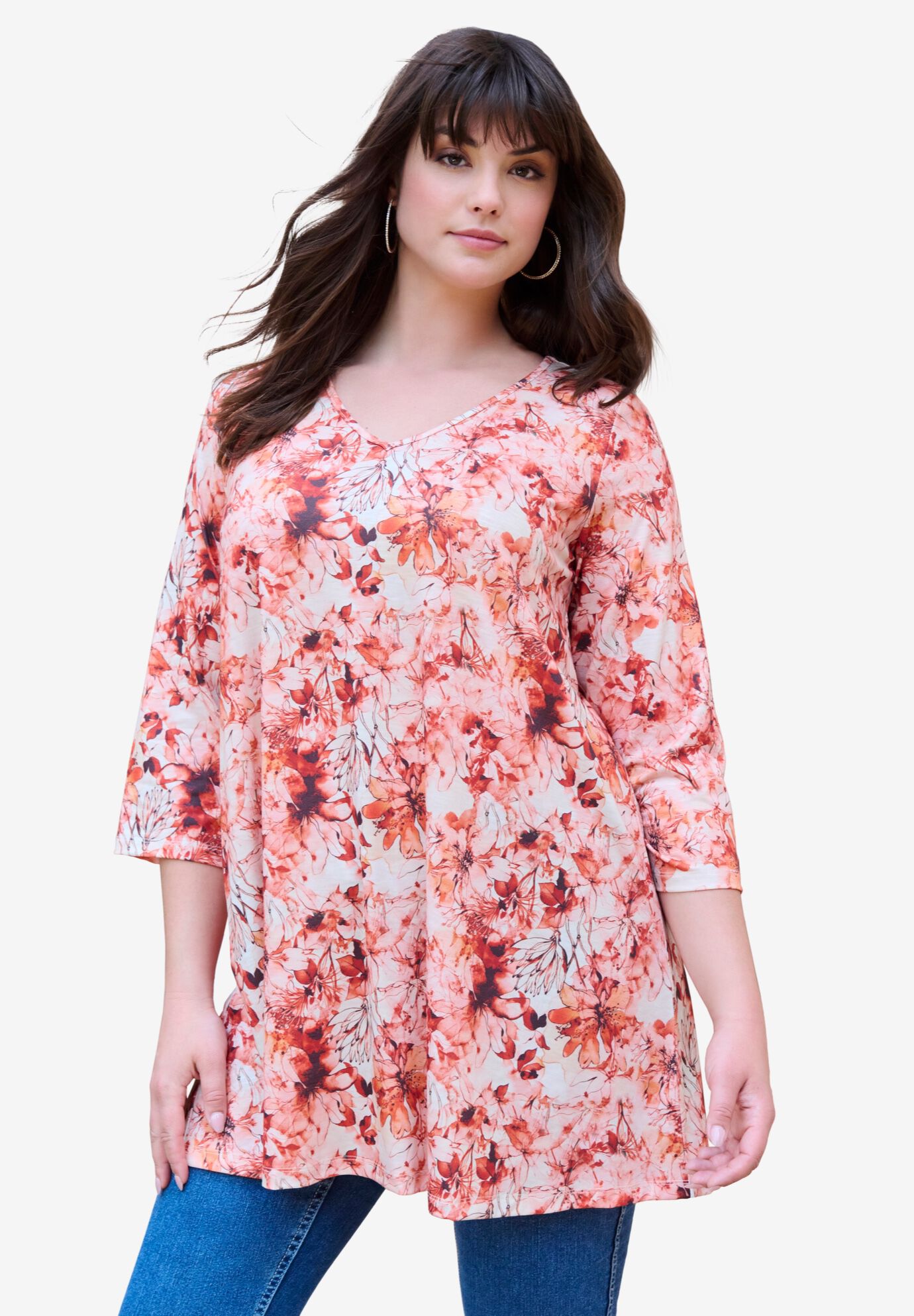 V-Neck Printed Tunic, COGNAC FLORAL PRINT, hi-res image number 0