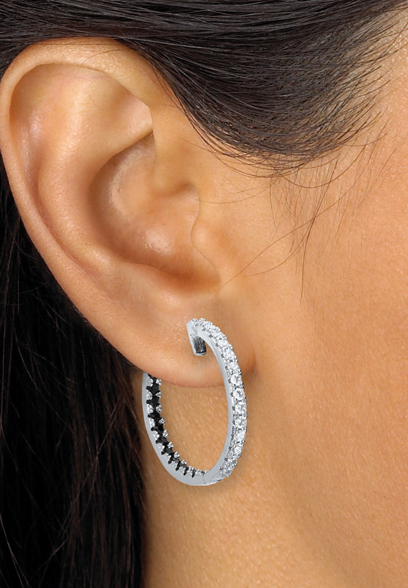 Round Black And White Crystal Silvertone Hoop Earrings, 26Mm, , alternate image number 2