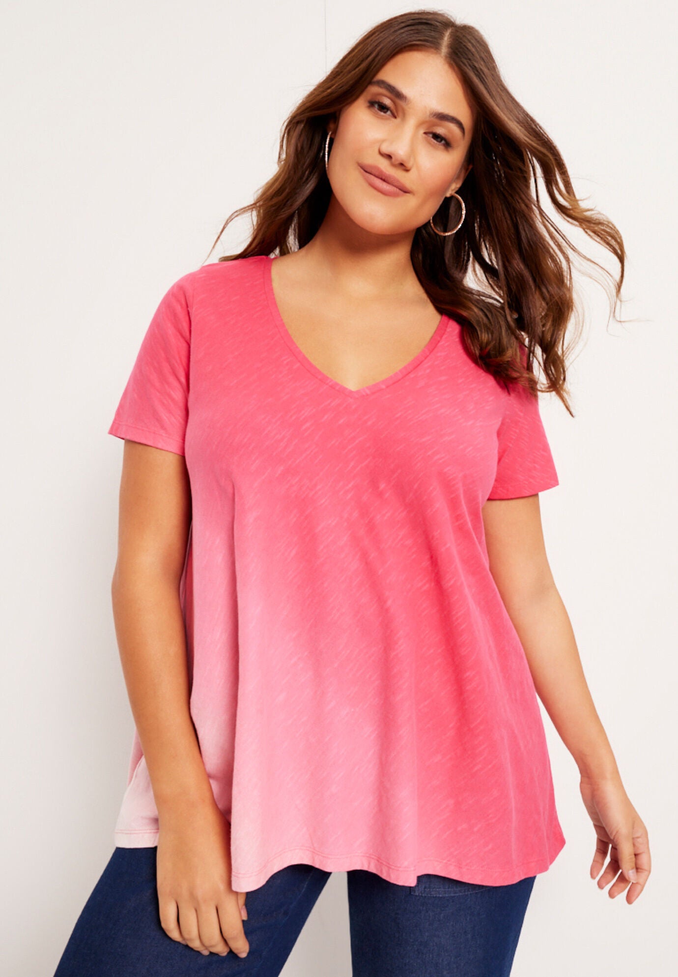 V-Neck Ombre Tee, PINK DIP DYE, hi-res image number 0