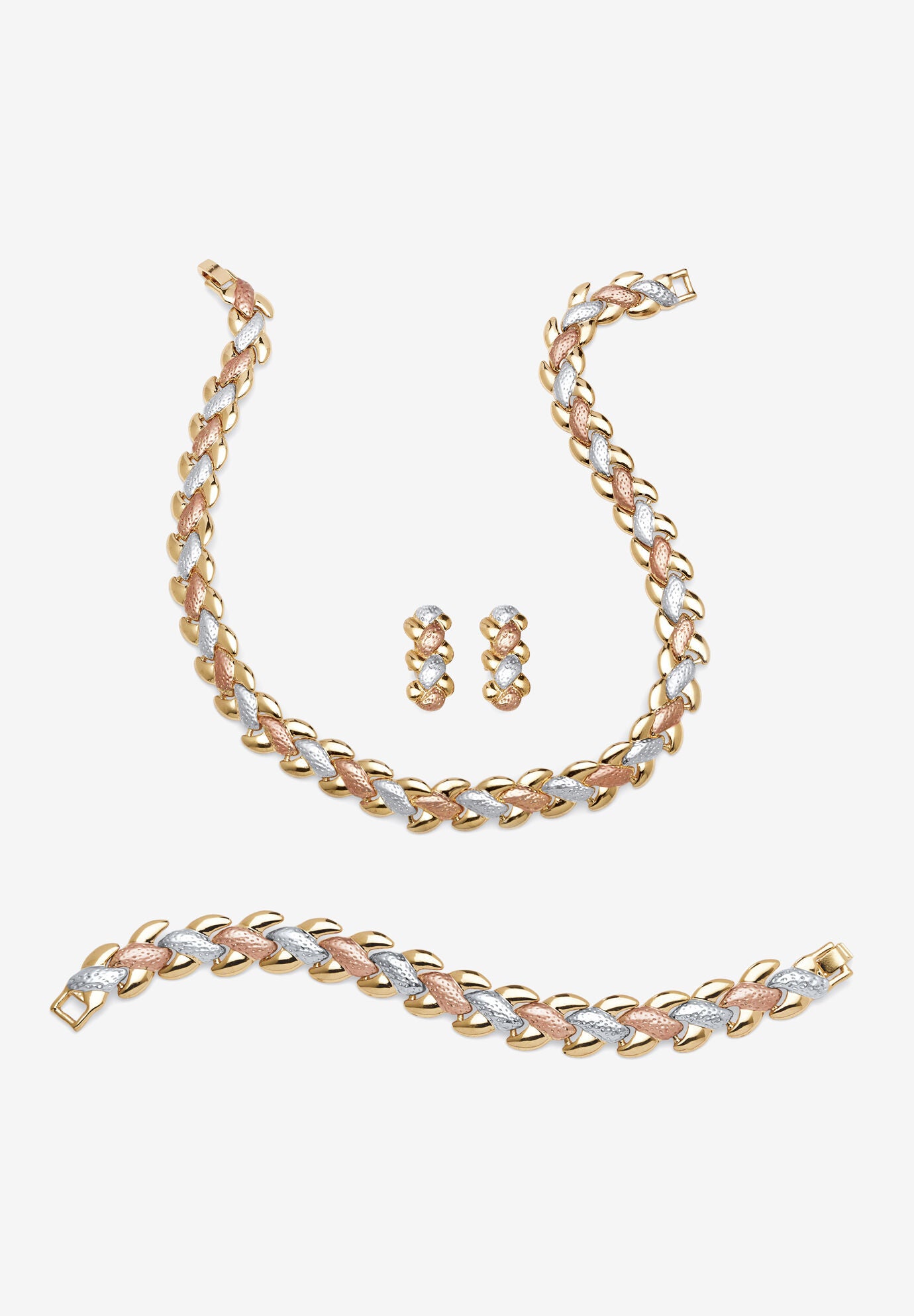 Tri Tone Goldtone Rosetone Silvertone Interlocking Link Necklace, Bracelet And Earring Set, 17 Inches Jewelry, , alternate image number 4