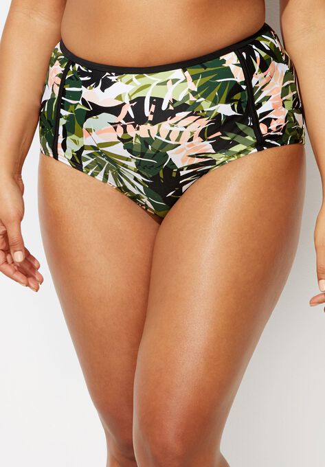 High Waist Piped Swim Brief, CAMO LEAVES, hi-res image number null