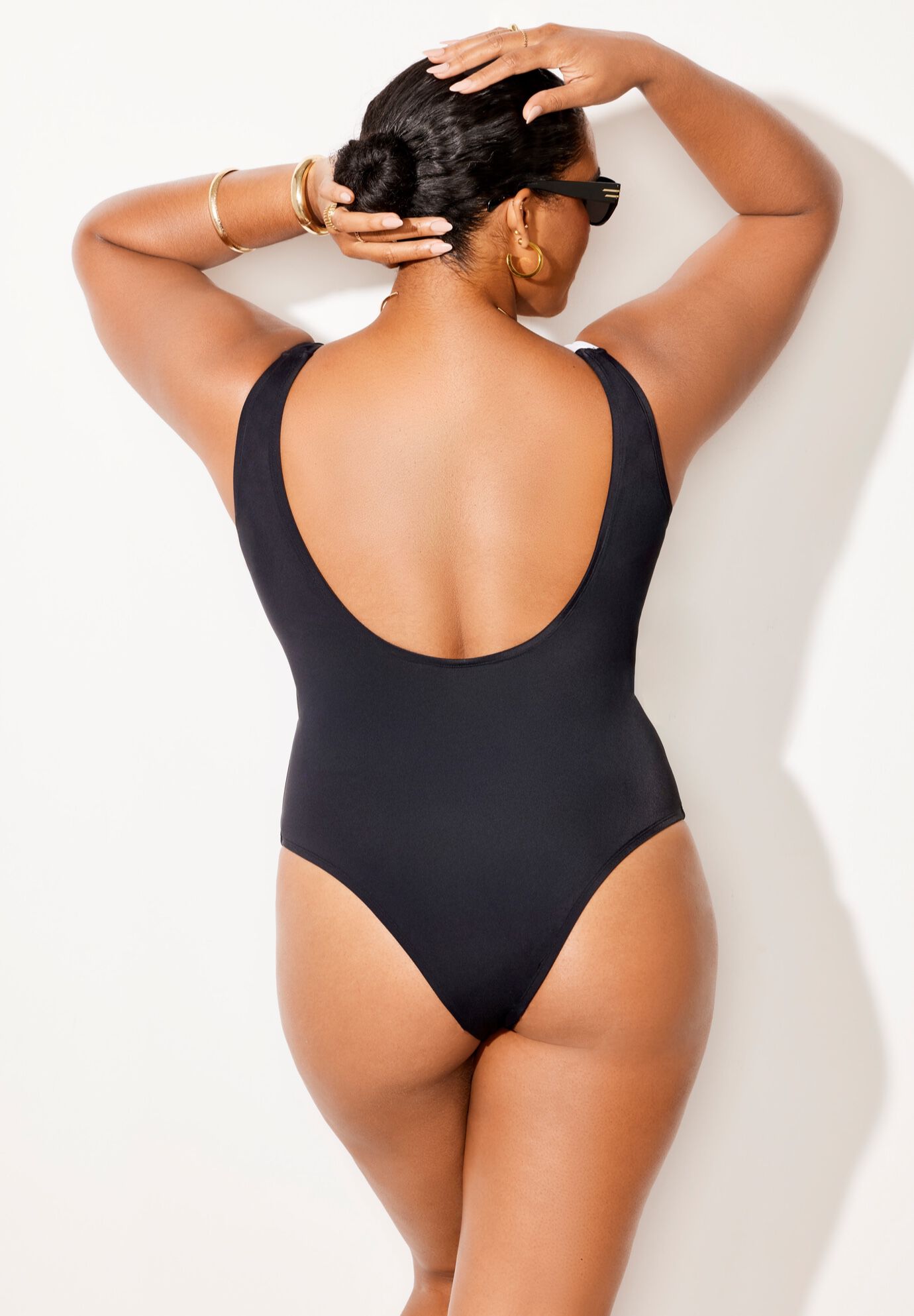 Square Neck Color Block Swimsuit, BLACK WHITE, on-hover image number 1
