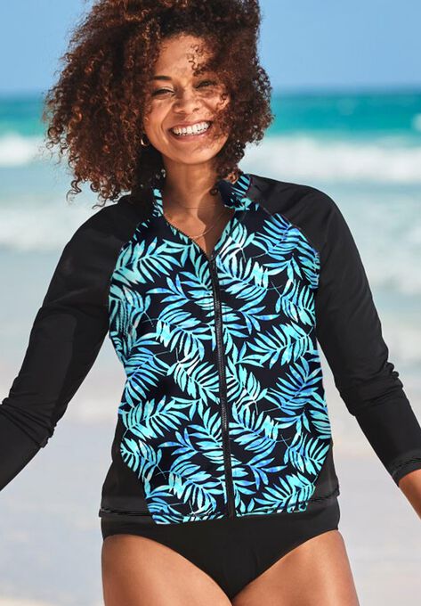 Chlorine Resistant Zip Front Long Sleeve Swim Shirt, BLUE GREEN PALM, hi-res image number null