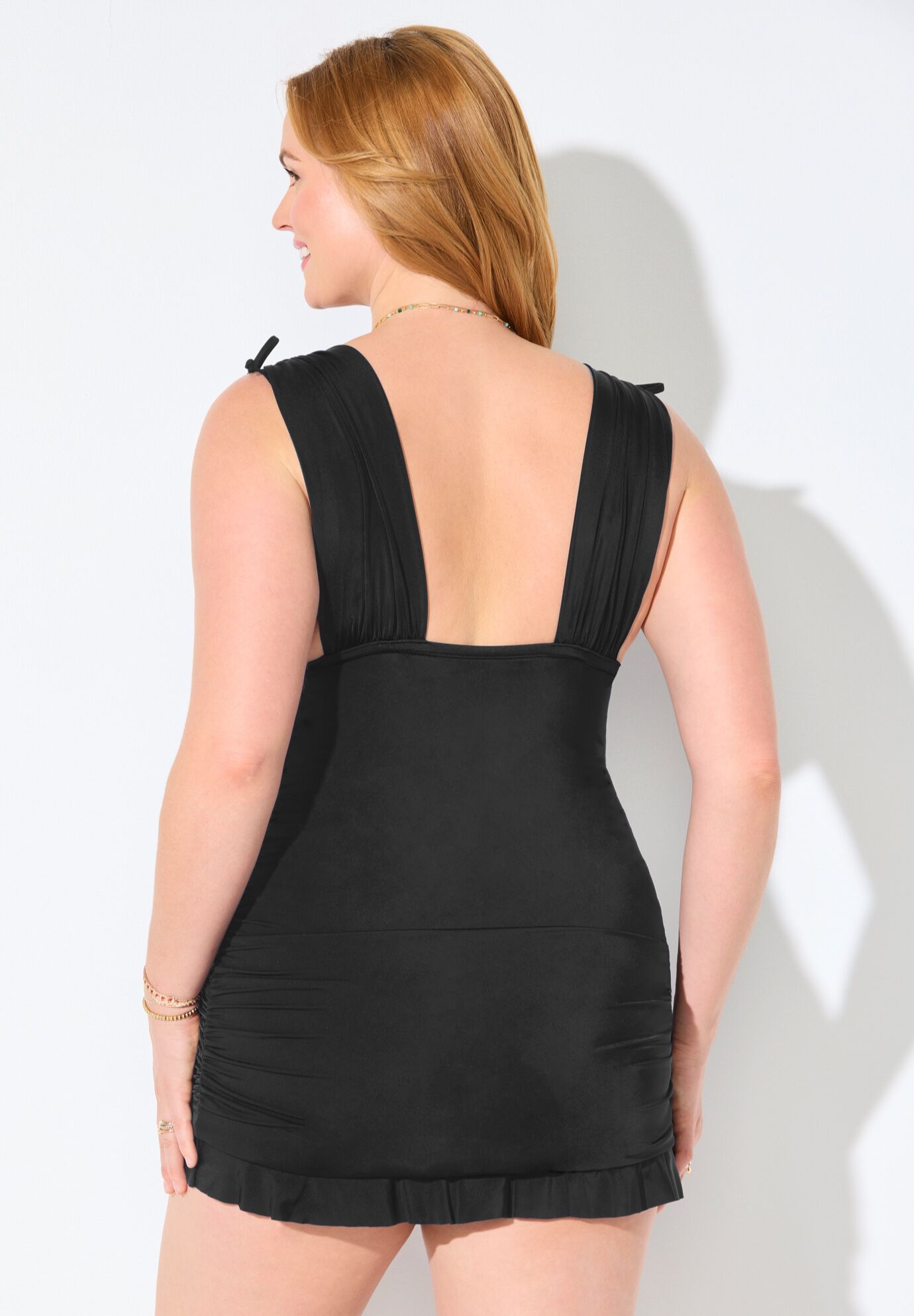 Adjustable Ruched Swimdress, BLACK, alternate image number 8