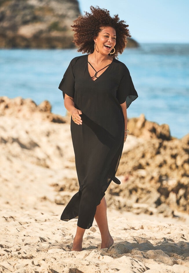V-Neck Swim Caftan, BLACK, hi-res image number 0