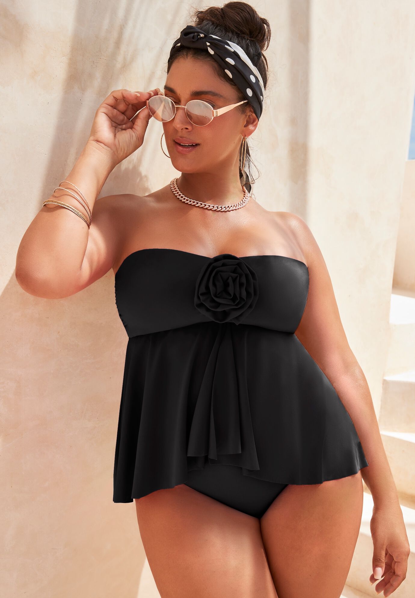 Rosette Bandeau Tankini Top, BLACK, hi-res image number 0