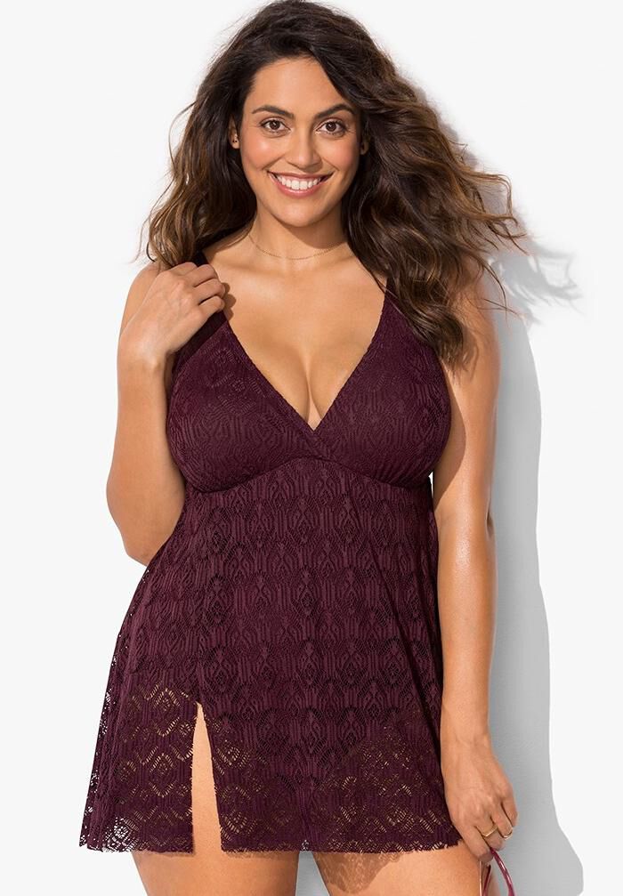 Crochet Side Slit V-Neck Swimdress, PLUM, hi-res image number 0