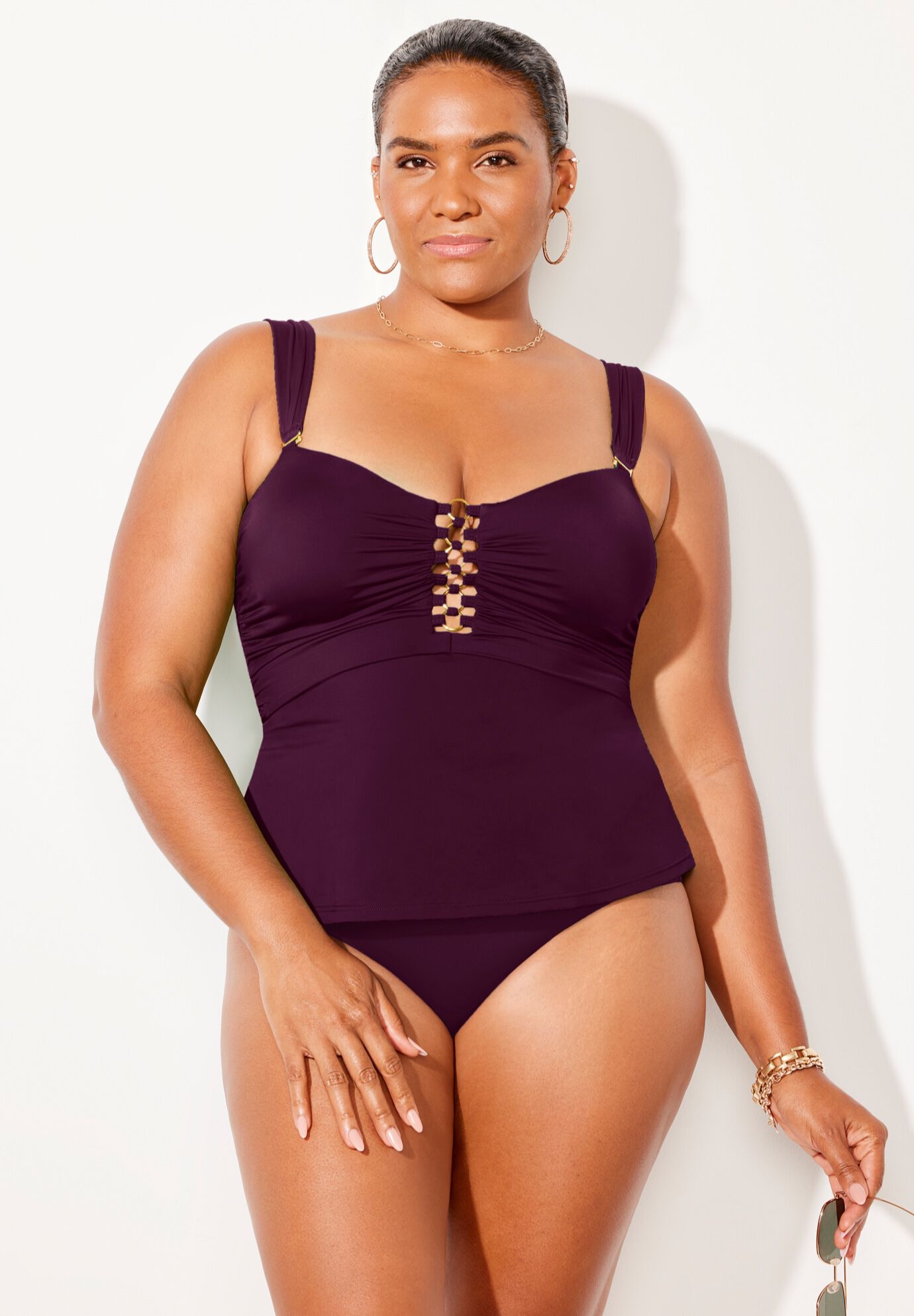 Underwire Shirred Ring Bandeau Tankini Set With Full Coverage Swim Brief, , alternate image number null