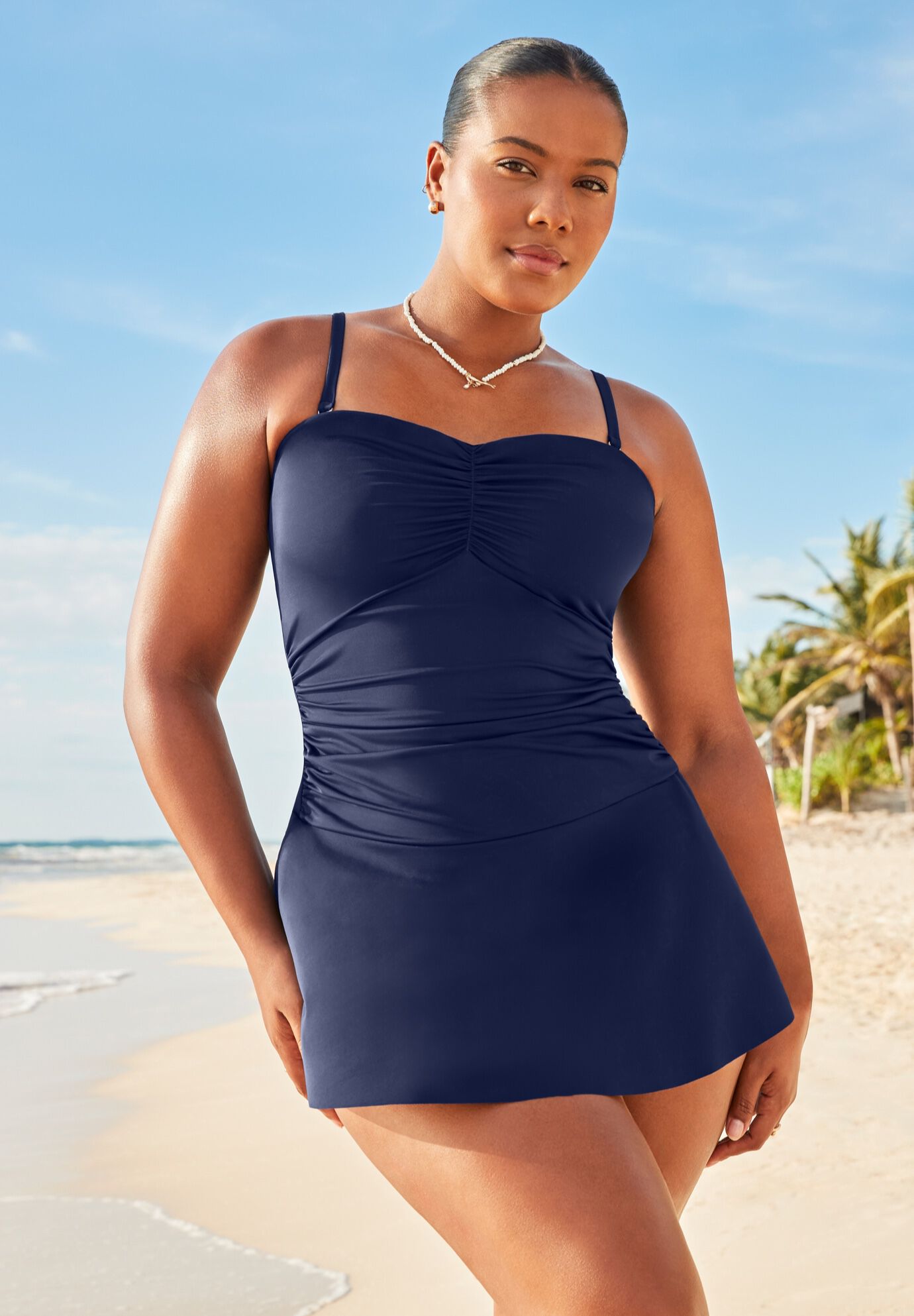 Sweetheart Ruffle Bandeau Swimdress, NAVY, alternate image number 2