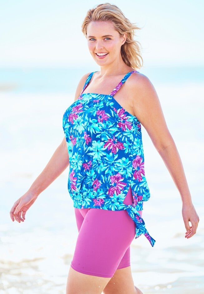 Blouson Tankini Top with Adjustable Straps, BLUE PAINTERLY FLORAL, hi-res image number null