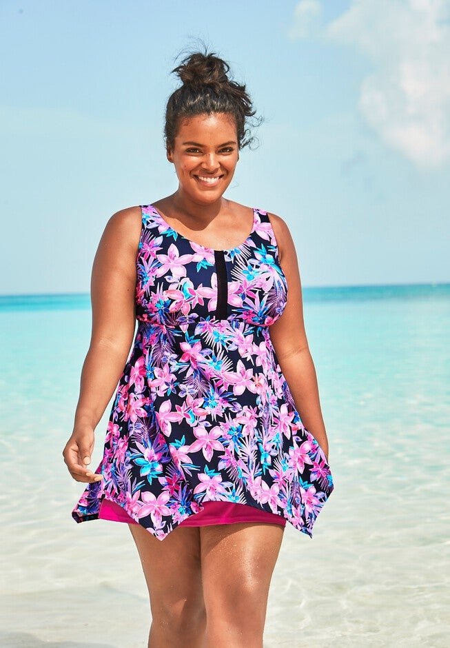 Handkerchief Swim Tankini Top, NAVY TROPICAL FLORAL, hi-res image number null