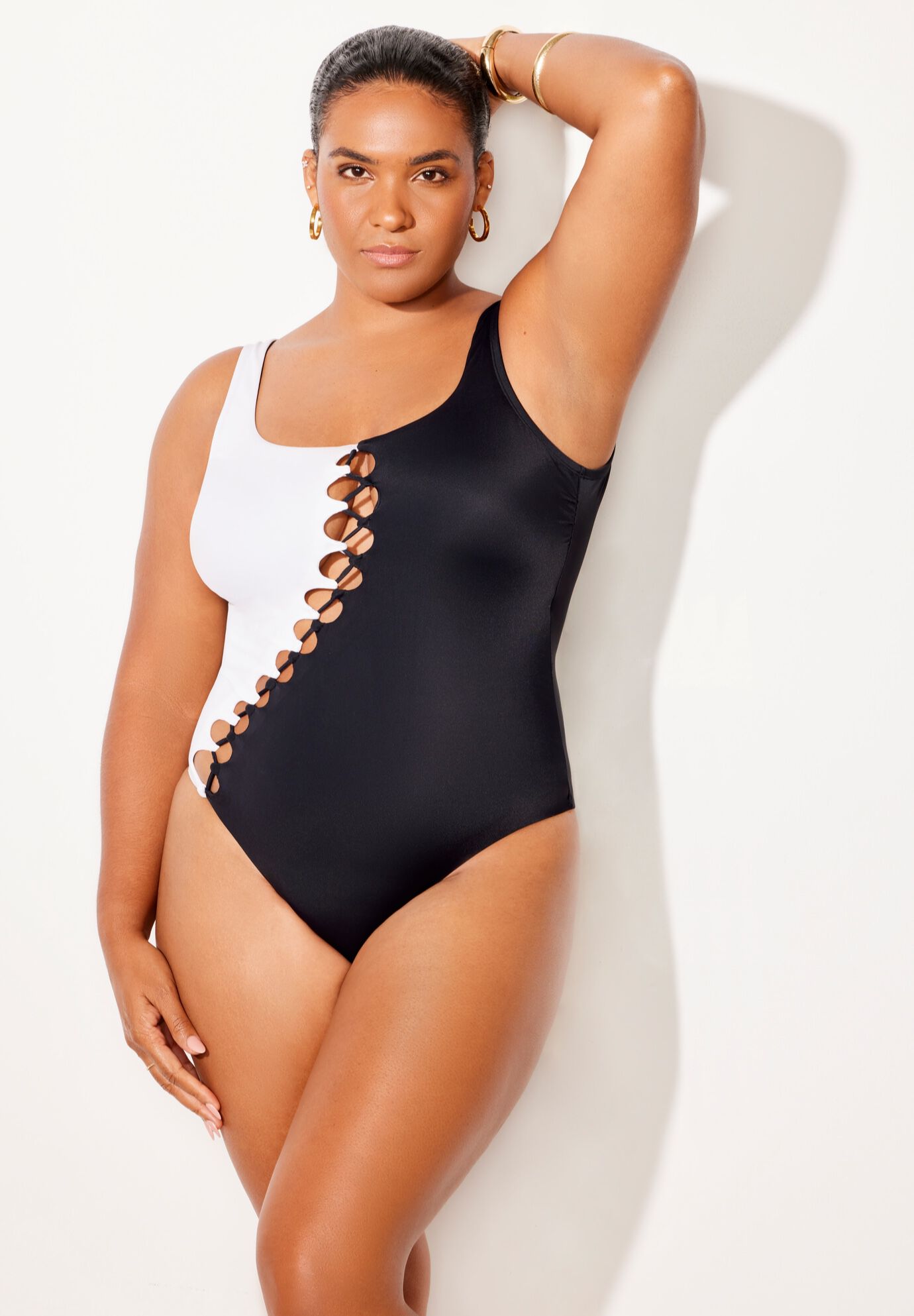 Square Neck Color Block Swimsuit, BLACK WHITE, alternate image number 3