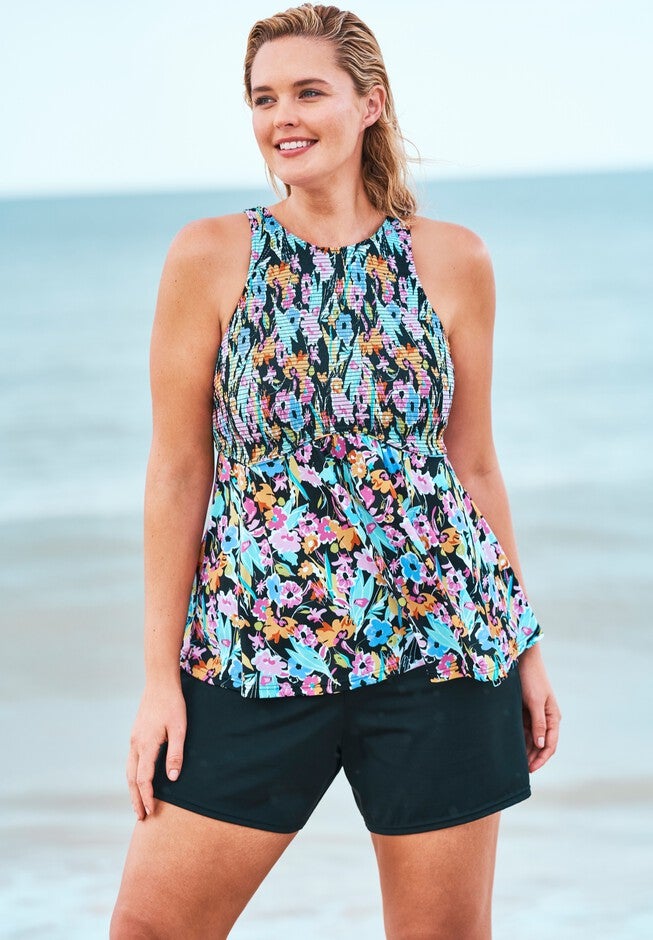 Smocked High-Neck Tankini Top by Fit 4 U®, SUMMER BREEZE FLORAL, hi-res image number 0