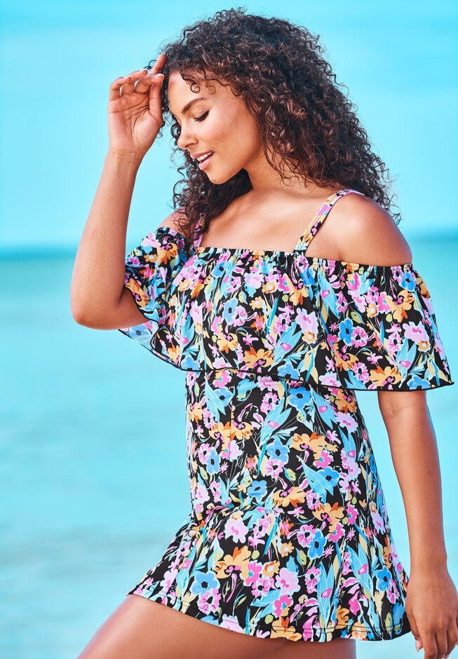 Off-The-Shoulder Flounce Swim Dress by Fit 4 U®, , alternate image number null