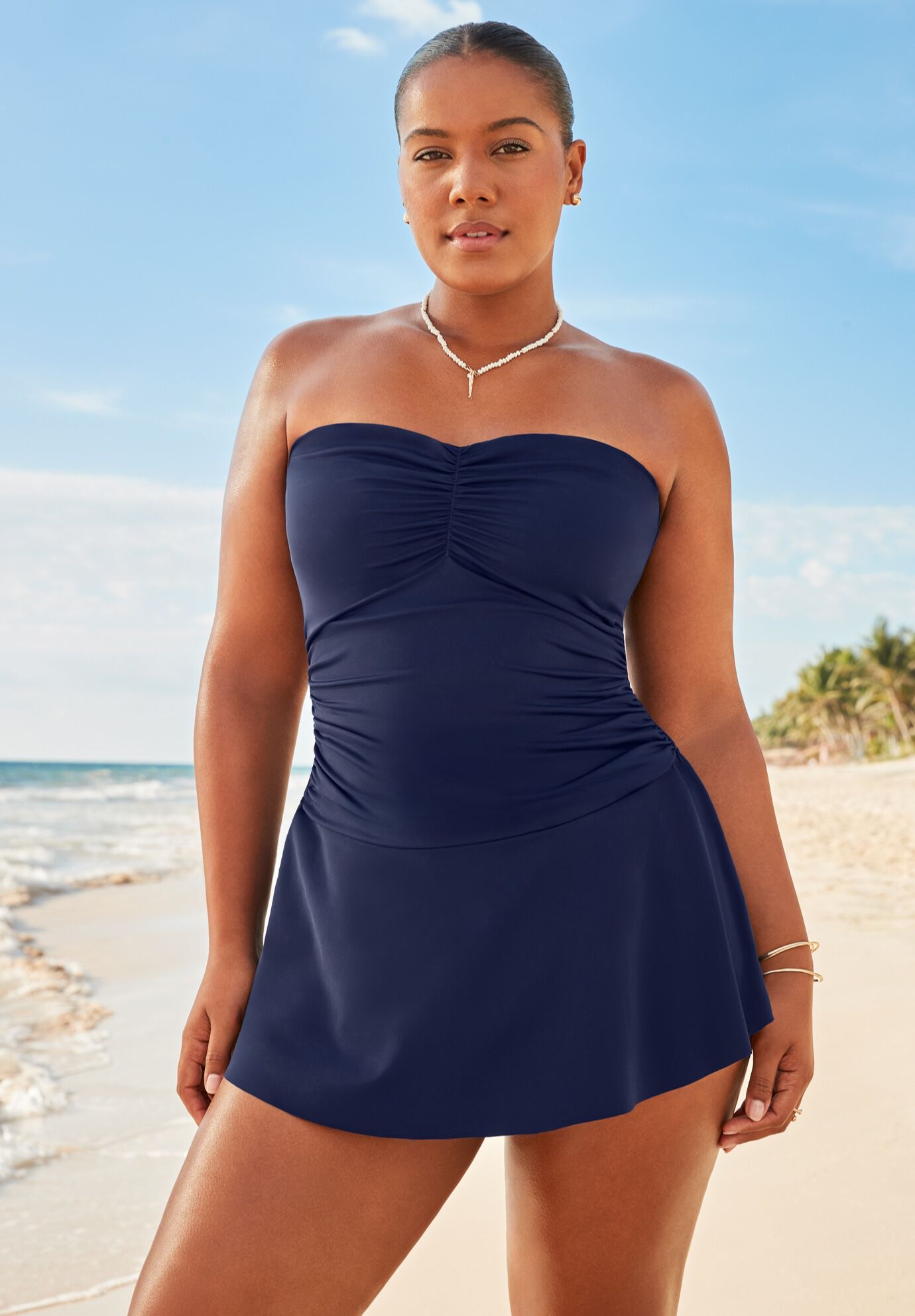 Sweetheart Ruffle Bandeau Swimdress, NAVY, hi-res image number 0