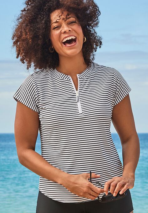 Chlorine Resistant Quarter Zip Swim Tee, BLACK STRIPE, hi-res image number null