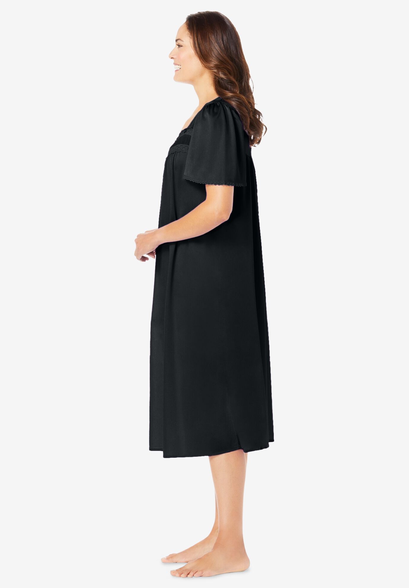 Short Silky Lace-Trim Gown, BLACK, alternate image number 2