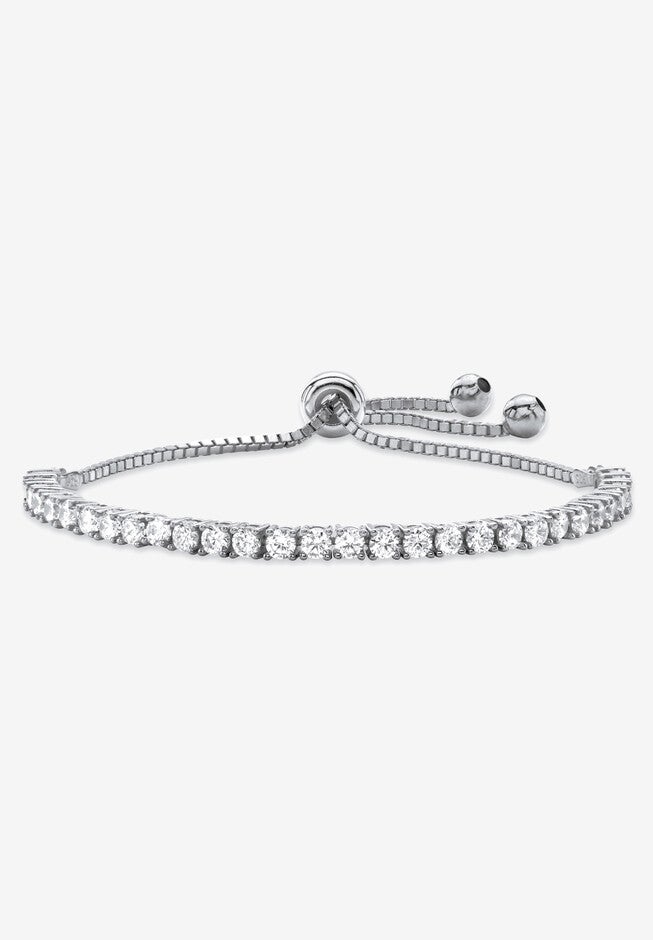 Round Cubic Zirconia, Bolo Bracelet (4mm), in silvertone, 10 inches Adjustable, SILVER, hi-res image number 0