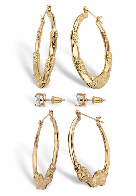Cubic Zirconia Stud and Hoop Earring Set in Goldtone, , on-hover image number null