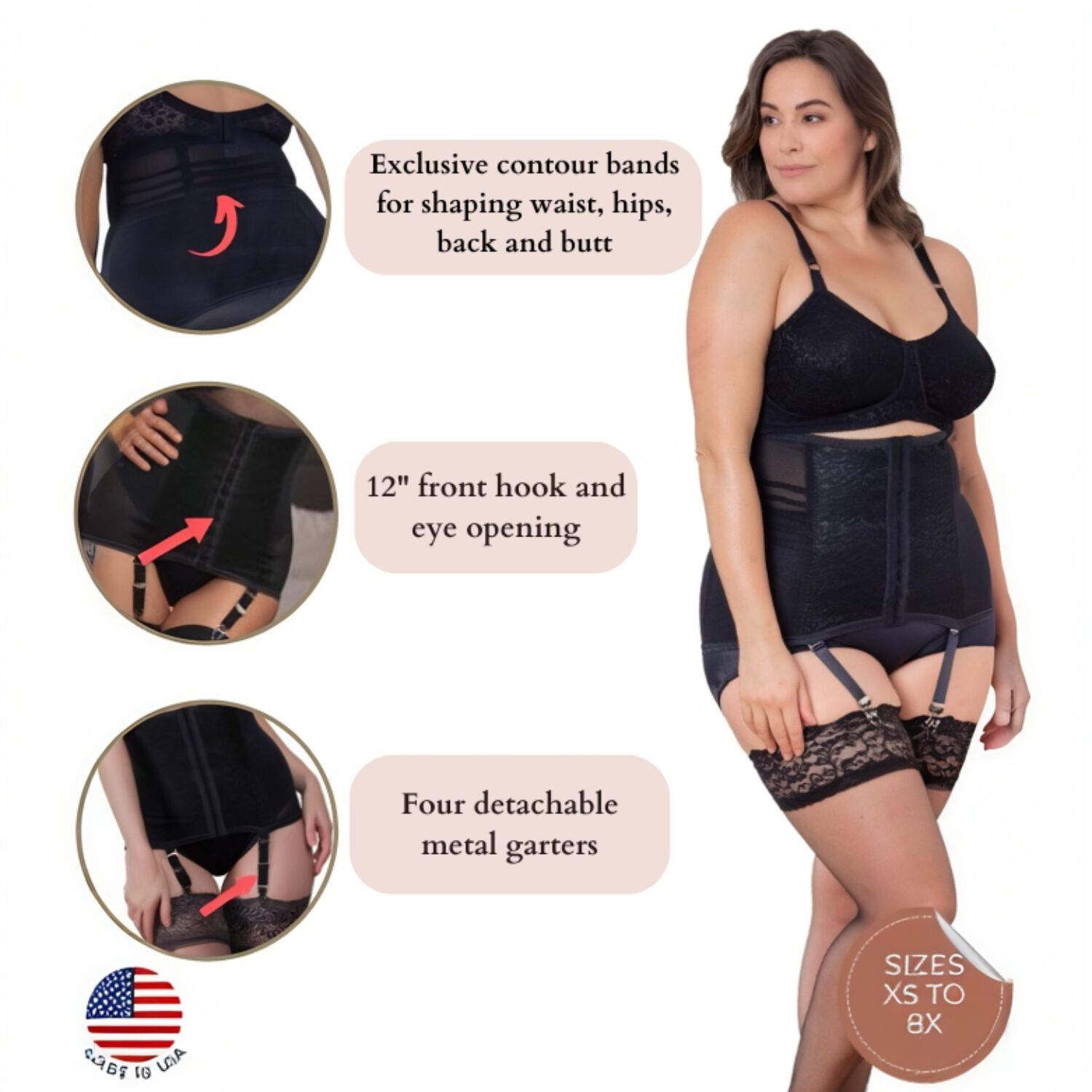 Firm Shaping Waist Trainer with removable garters., BLACK, alternate image number 3