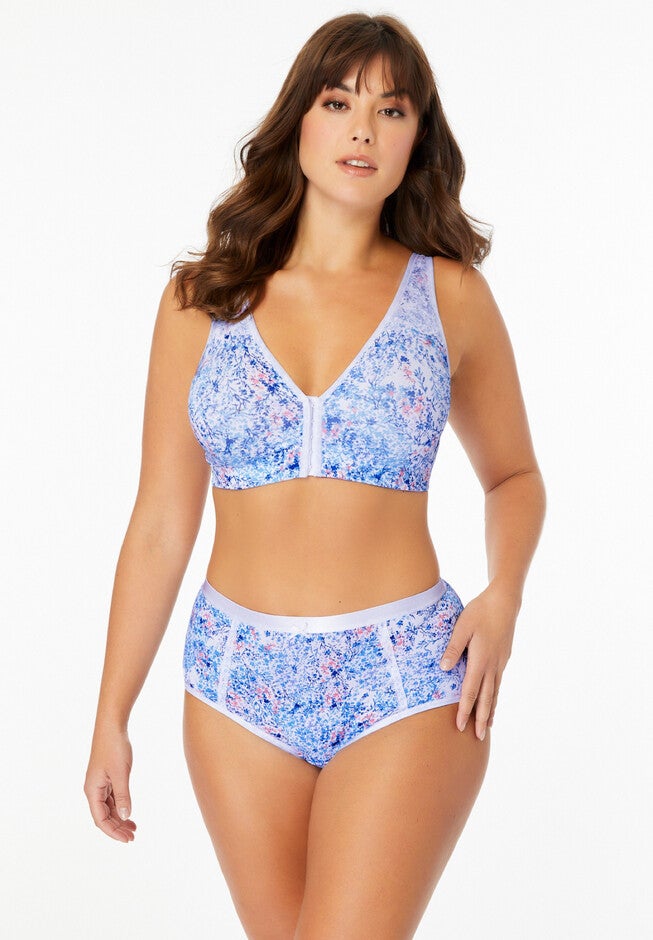 Wireless Front-Close Cotton Comfort Bra & 3-Pack Microfiber Panty Matching Set, , hi-res image number null