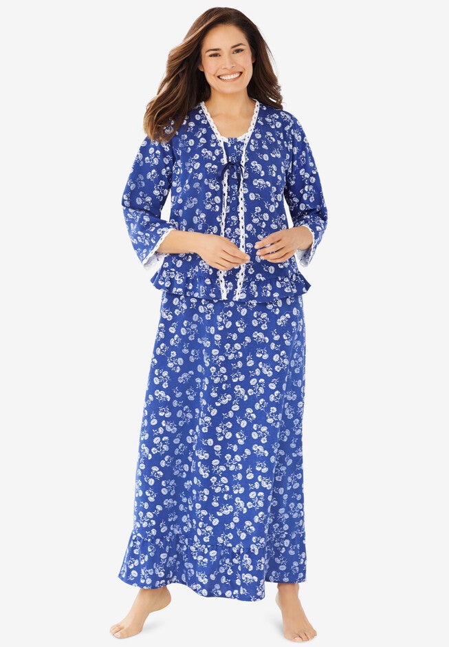 2-Piece Nightgown and Bed Jacket Set, EVENING BLUE DAISY, hi-res image number null
