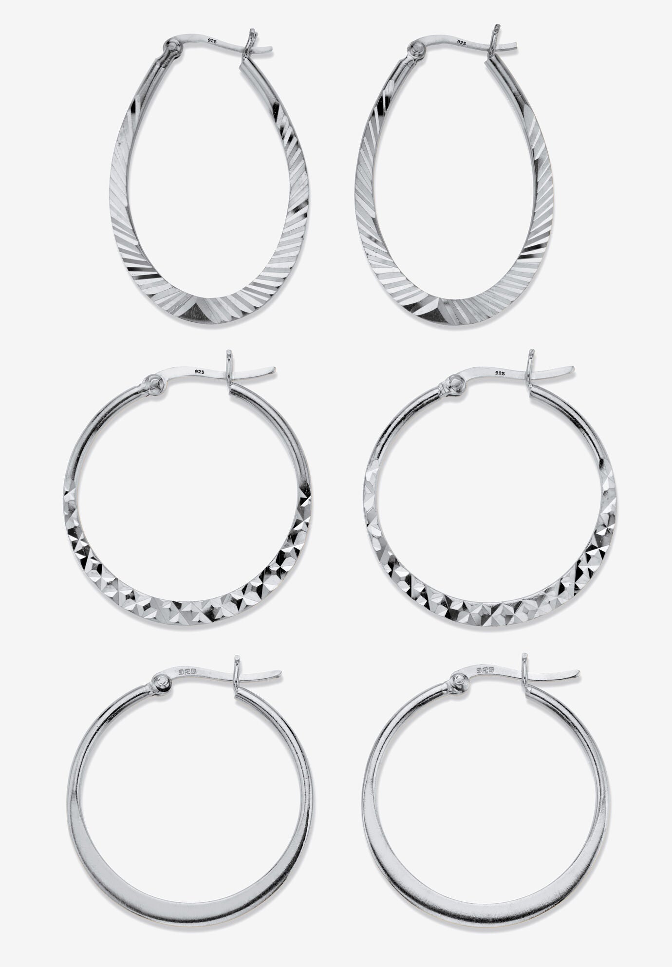 Sterling Silver Diamond Cut 3 Pair Hoop Earrings Set (33Mm), SILVER, hi-res image number 0