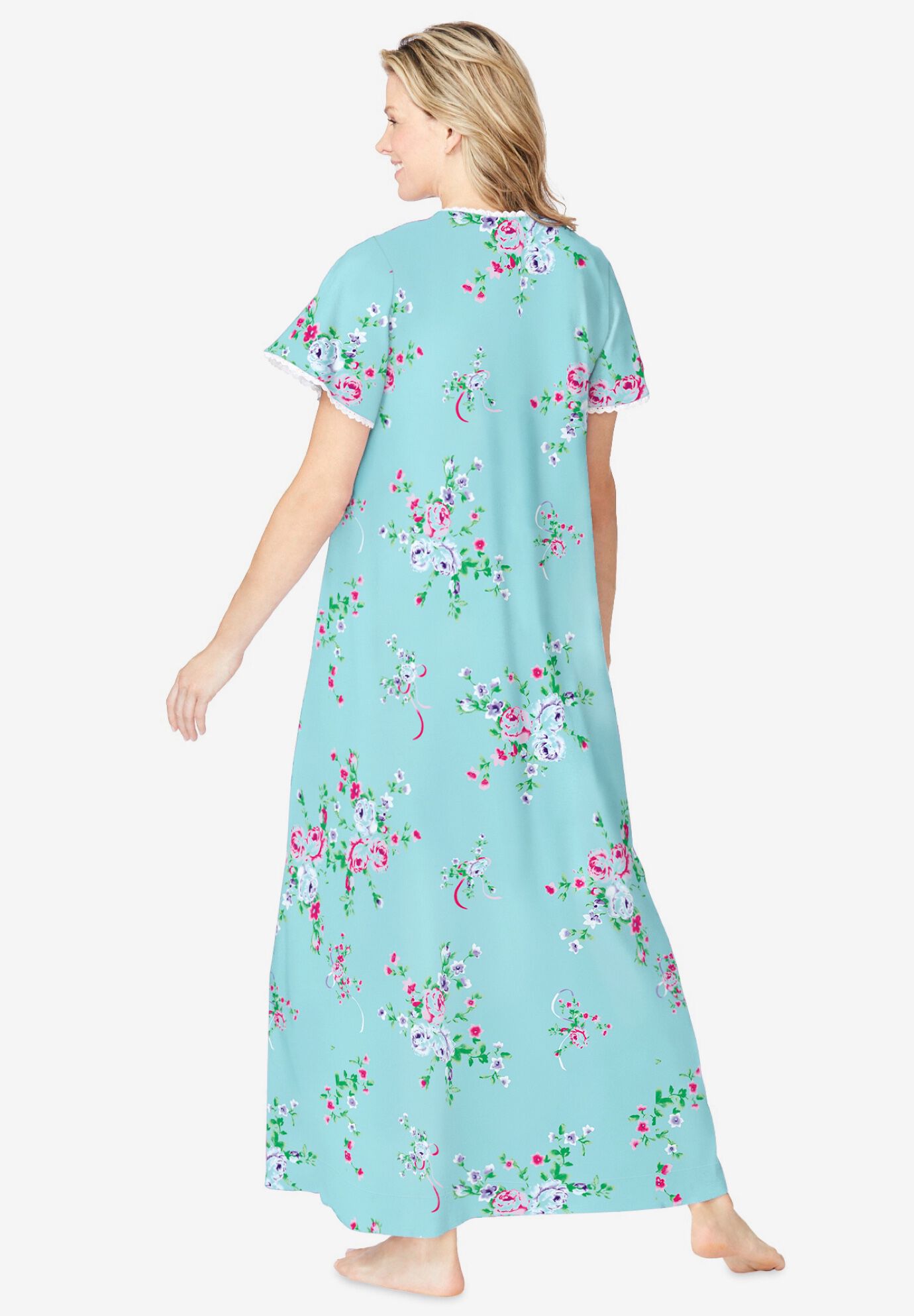 Short Pintuck Knit Gown, GREEN FLORAL, on-hover image number 1