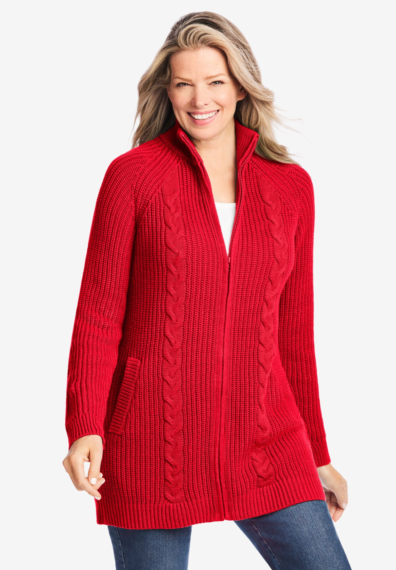 Cabled Zip-Front Cardigan Sweater, , alternate image number 2