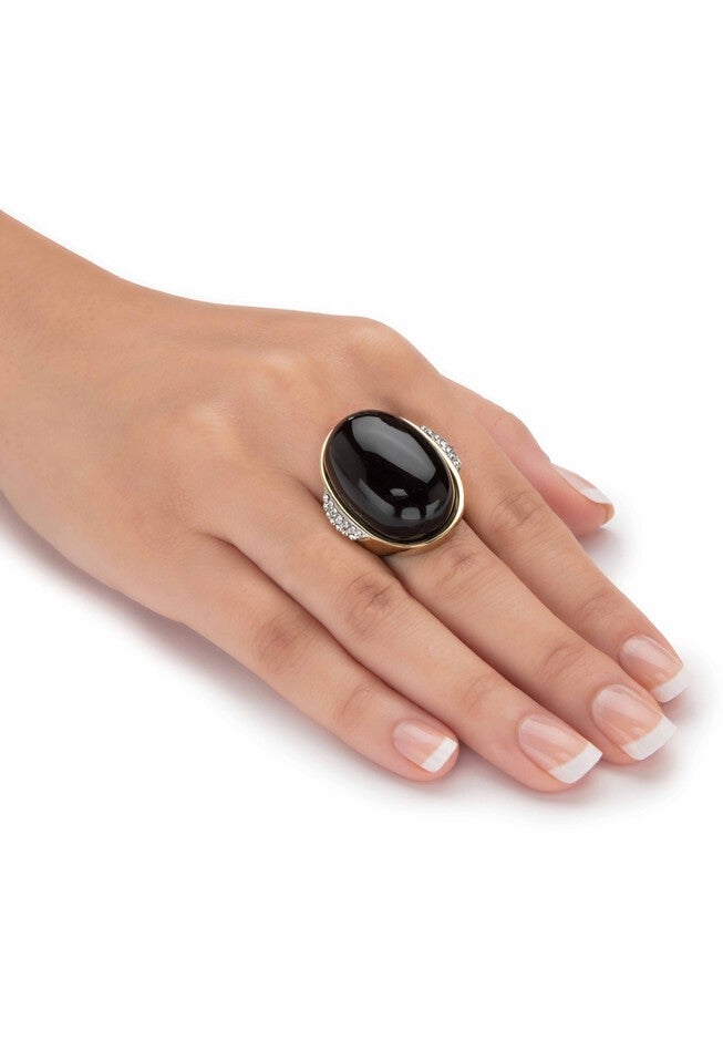 Yellow Gold Ion-Plated Stainless Steel Black Onyx and Crystal Ring, , alternate image number null