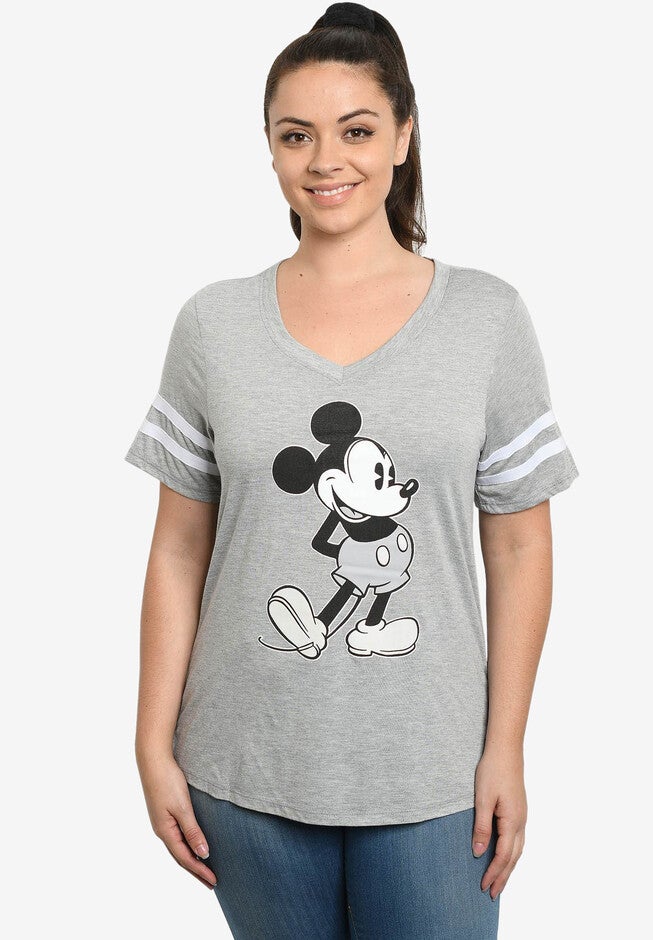 Women's Plus Size MIckey Mouse V-Neck T-Shirt Classic Retro Gray, GRAY, hi-res image number 0